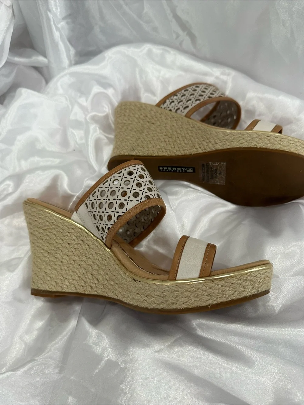 Sperry Beige Top Sider Florina Wedge Woven Espadrille Wedge Sandals Sz 7